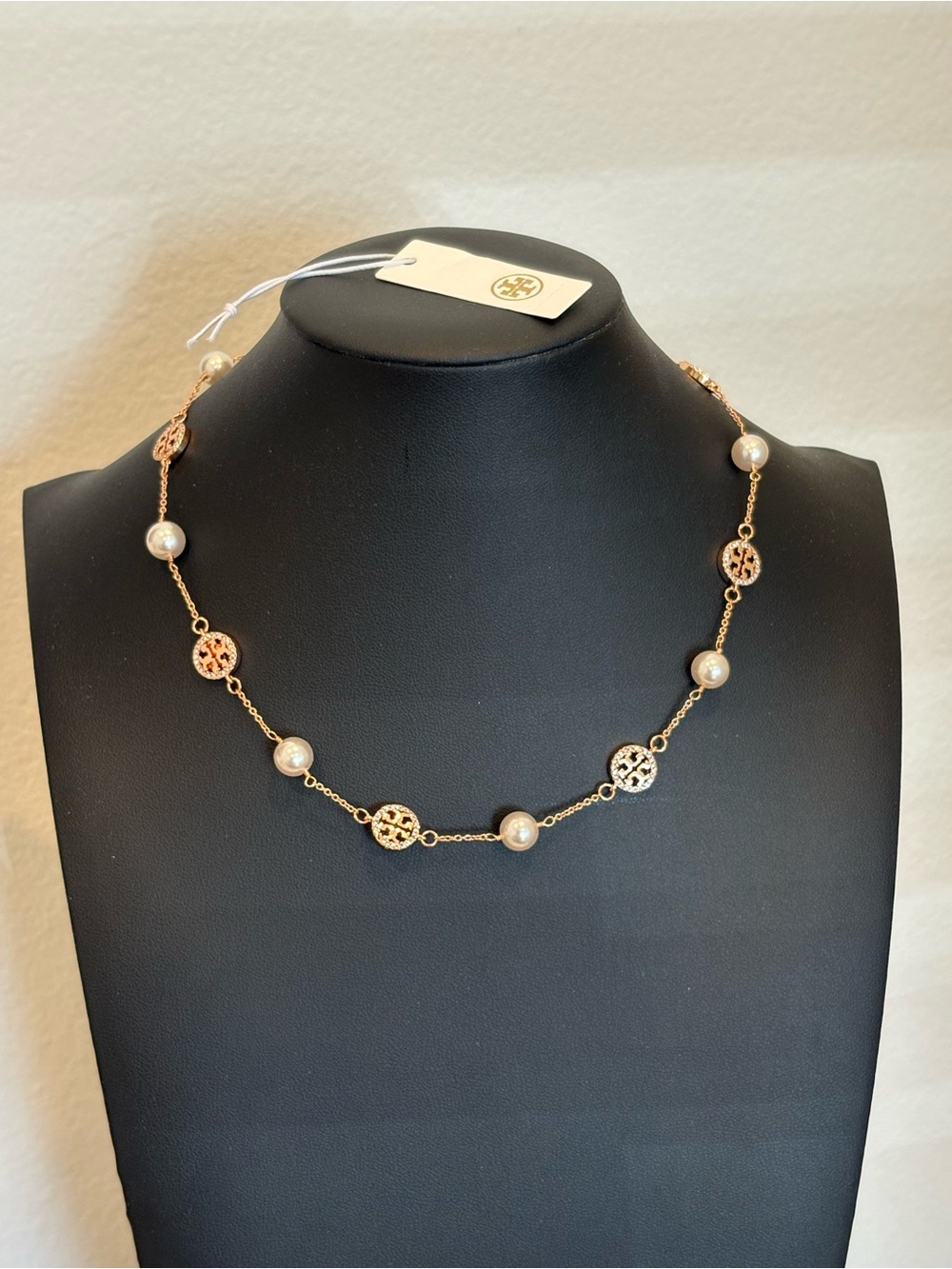 Tory Burch Rose Gold Logo & Pearl Station Necklace with Pave Crystals